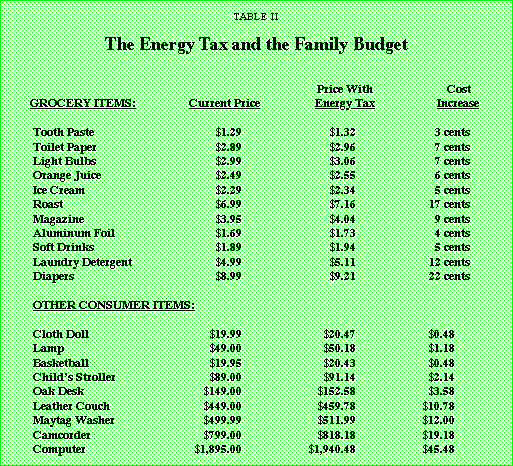 Table II - The Energy Tax and the Family Budget